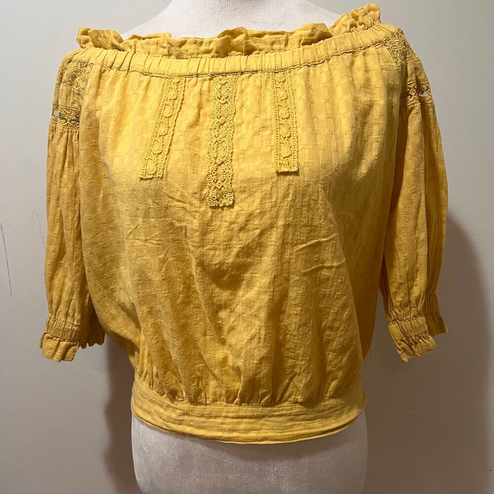 Charly 100% Cotton Off Shoulder Boho Peasant Top Mustard Yellow Size S